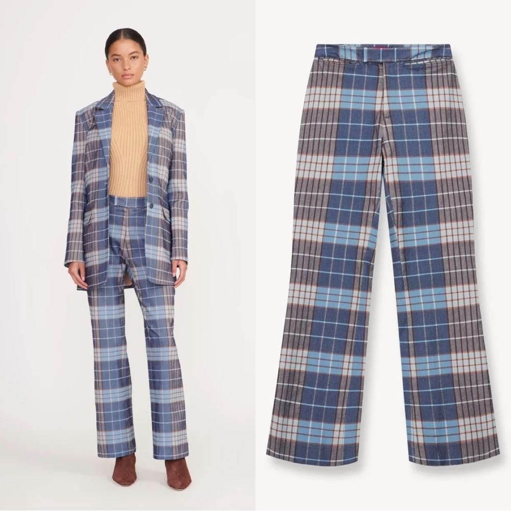 STAUD Blue and Gray Plaid Straight-Leg Trousers
